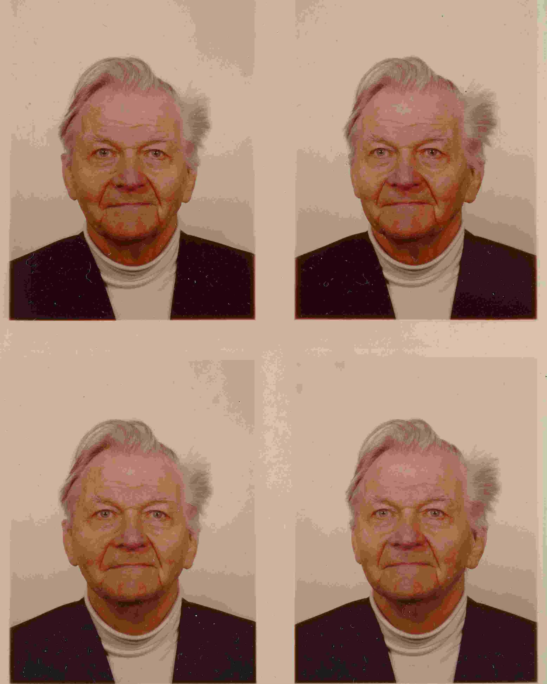 Vier Passfotos von Bruno Stefanini im weissen Rollkragenpullover und mit weissen Haaren.